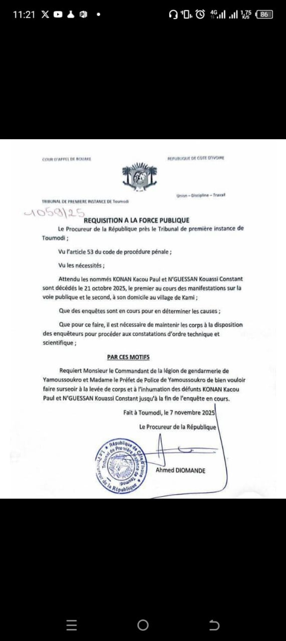 La note du Procureur de la R&eacute;publique de Toumodi