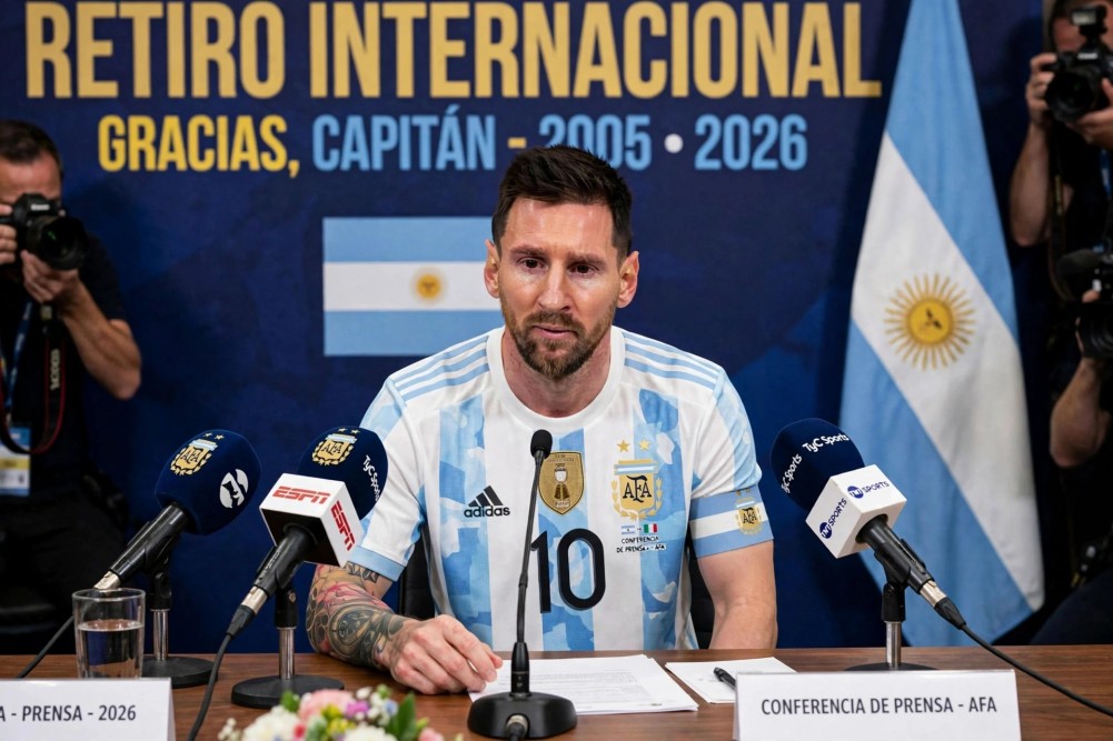 Lionel Messi, &eacute;mu lors de sa conf&eacute;rence de presse d'adieu &agrave; la s&eacute;lection argentine. 2005-2026, la fin d'une &egrave;re