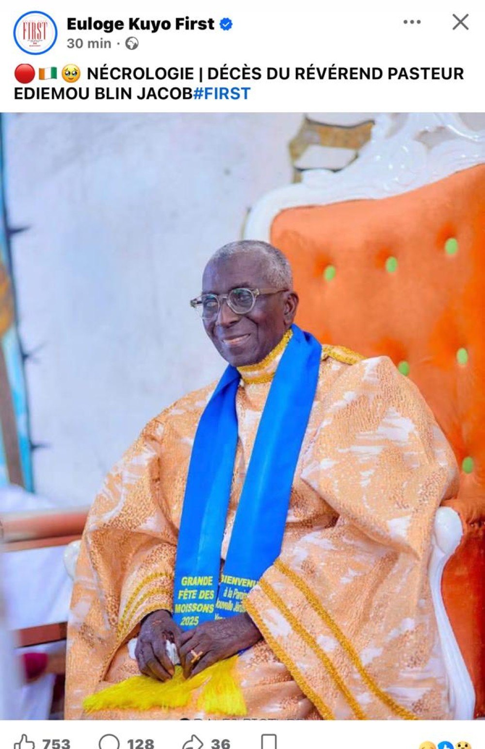 Le R&eacute;v&eacute;rend Pasteur Ediemou Blin Jacob, Chef du Dioc&egrave;se de C&ocirc;te d'Ivoire de l'&Eacute;glise du Christianisme C&eacute;leste et Pr&eacute;sident du Forum National des Confessions Religieuses, a tir&eacute; sa r&eacute;v&eacute;rence.